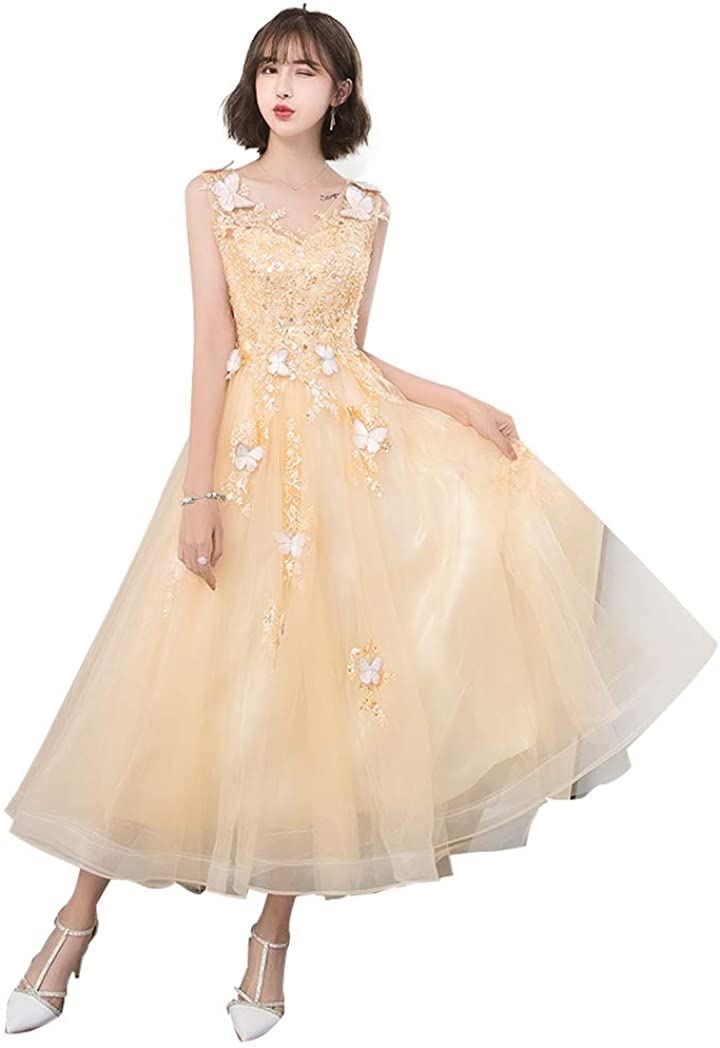 結婚式ドレス Vネック 演奏会用ドレス 花嫁ウェディングドレス カラードレス ステージドレス 声楽 コーラス 衣装 Aラインドレス(イエロー, XS)