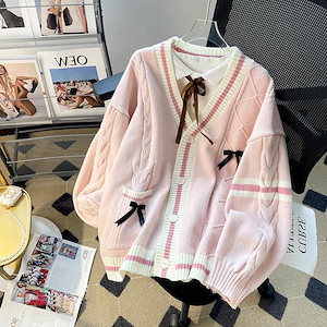 女装女子学生の韓国版ゆとり学院風かわいいリボンセーターニットカーディガン