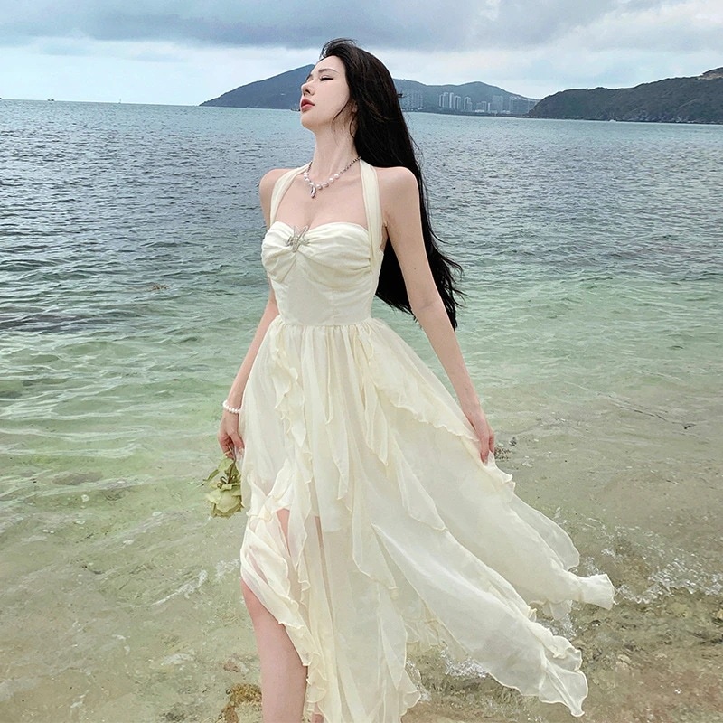 プリンセスドレスシーサイドドレス妖精ドレスホリデー誕生日チューブトップドレスウエストホルターネックロングドレスビーチドレス