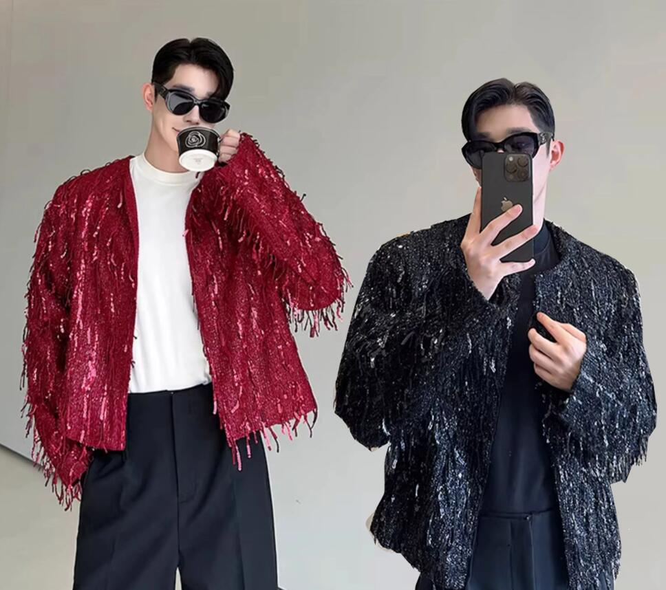 2件を15%値下げ メンズ舞台演出服コート スパンコール ジャケット キラキラ フリンジ付き 男性 舞台演出服 歌手 バー カラオケ ジャズダンス ステージ レザー ジャケット フリンジ スパンコール