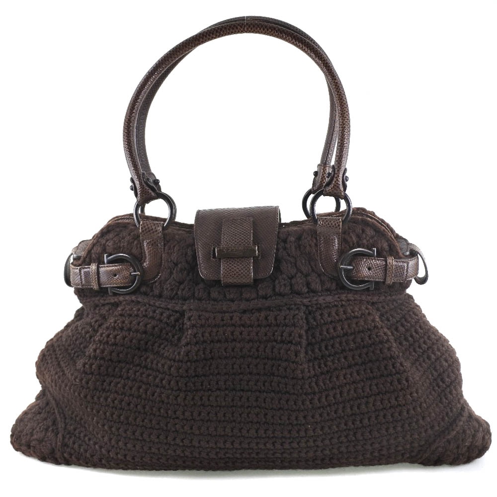 Salvatore Ferragamo サルヴァトーレフェラガモ EZ-21 5803 ショルダーバッグ カーフ ニット こげ茶 レディース 中古品 A-ランク