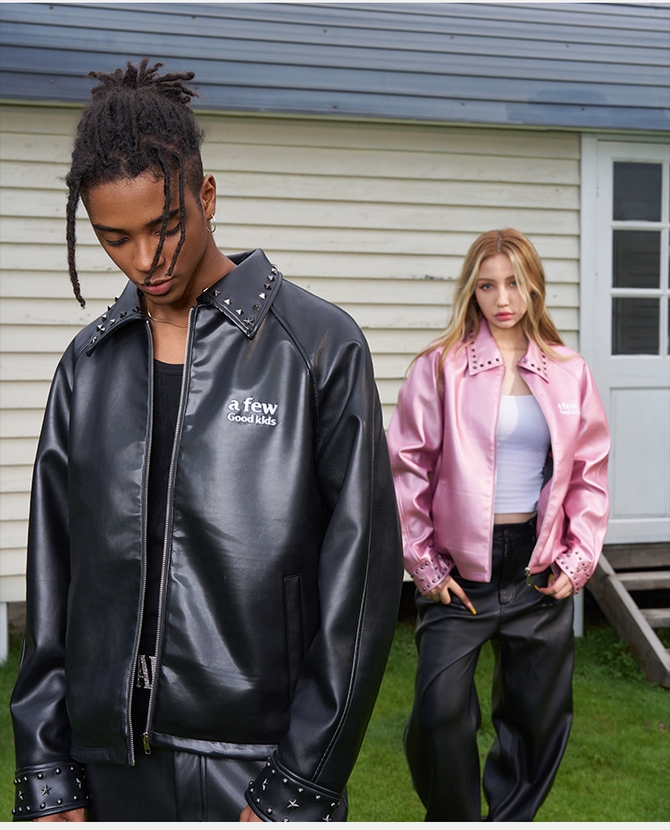 FFF正規品【AFGK】亮面鋲ファスナー革ジャン男女潮牌春秋ジャケット上着