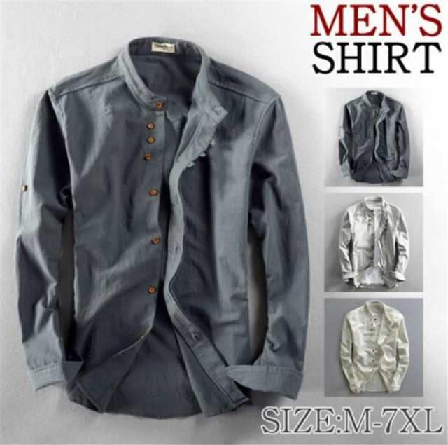 【2025限定SALE】ボタンダウンシャツ メンズ シャツ リネン風 カジュアルシャツ 長袖シャツ 立ち襟 スリム 開襟シャツ アウター 秋物 無地 おしゃれ 大きいサイズ