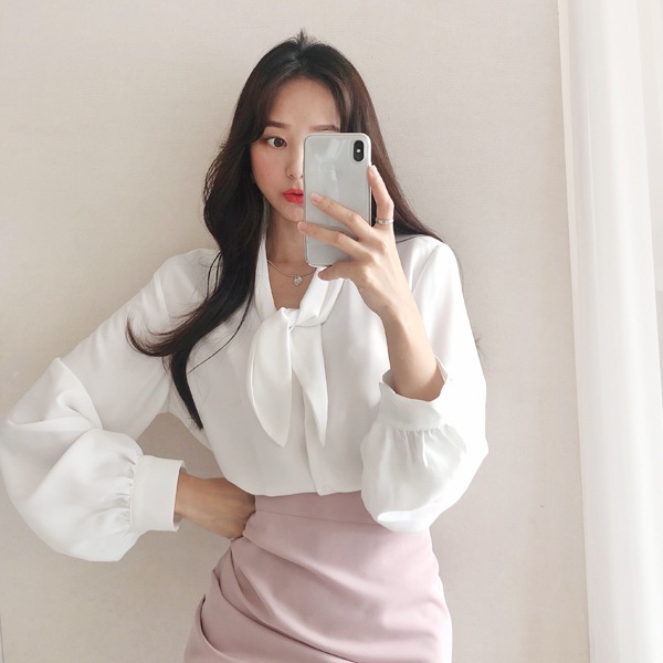 送料0円! 韓ファッション +さわやかサンクミー リボン タイ シャーリング ブラウス(bl628)