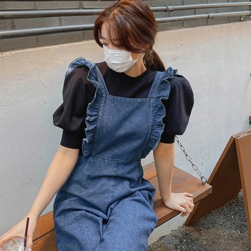 コーデ完成！サロペットサロペット オーバーオール デニム ズボン 薄手 無地 ロング ノースリーブ