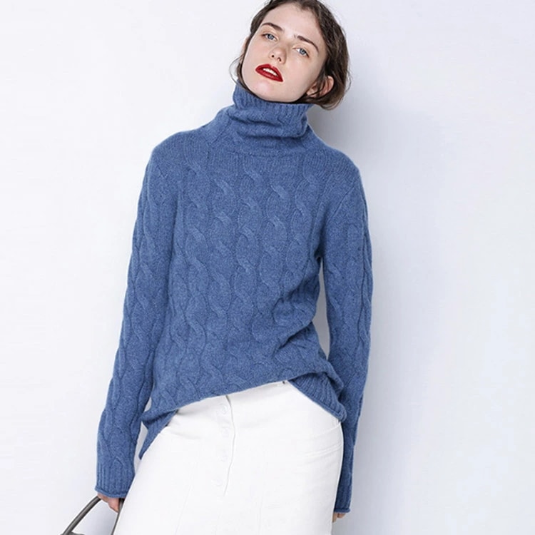 オフィスニット秋ケーブル編みプルオーバーハイネック長袖カジュアルセーター大人春無地冬おしゃれレディース