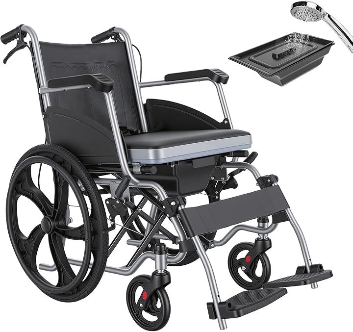 車椅子 3in1入浴用車椅子 防水シャワー浴室用車椅子 便器付き 自走式車椅子 Ｕ型座面 フットペダル高さ調節 折りたたみ式 組立簡単 アルミ合金製 (グレー)