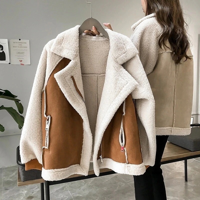 冬服2025新型ゆったり毛皮一体スエードコート女性ショート丈ラムウール機関車服ジャケット ウォーム トップス
