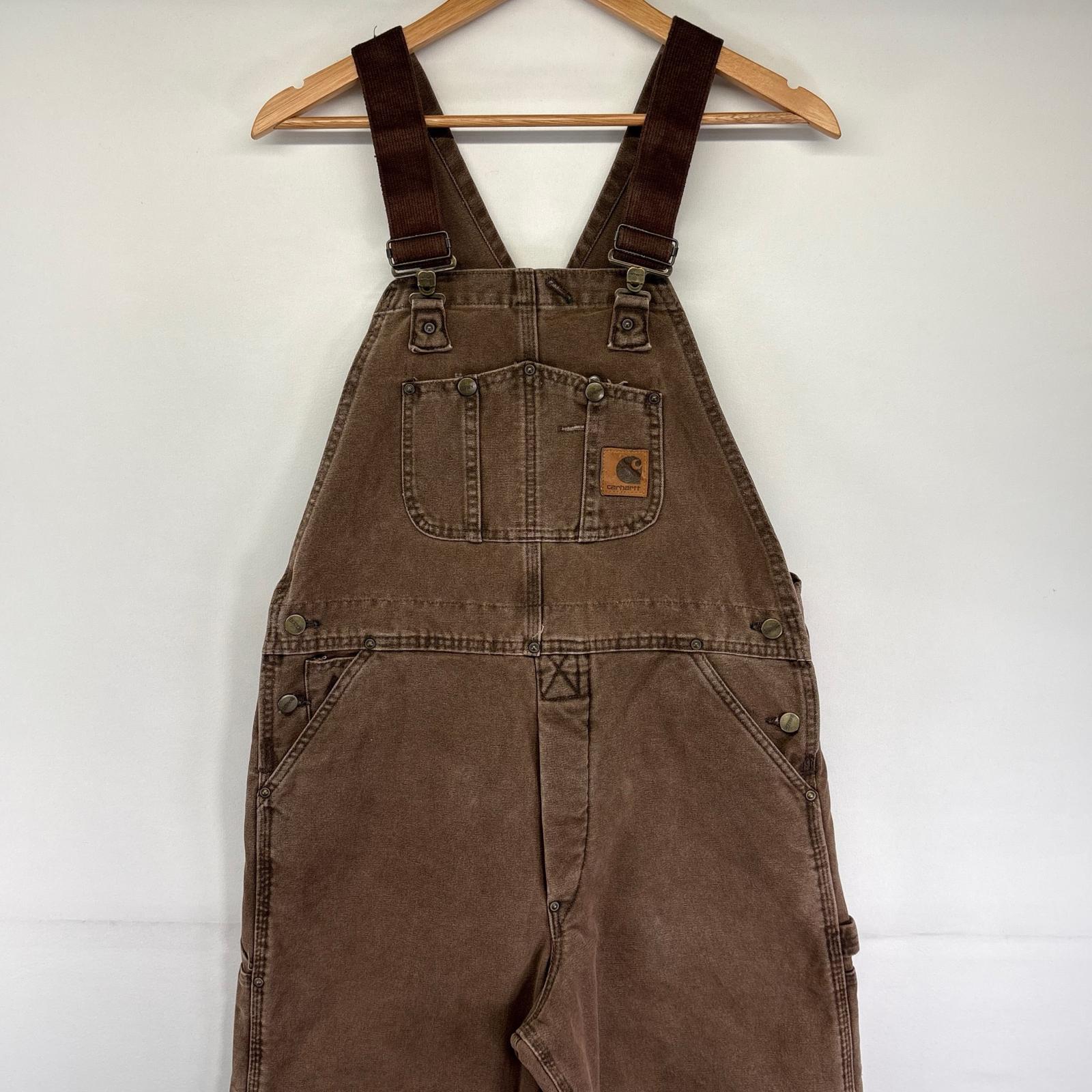 古着 USA製 ダック オーバーオール ボタンフライ ダブルニー ワーク ワンポイント W34 L30 ブラウン系 メンズ