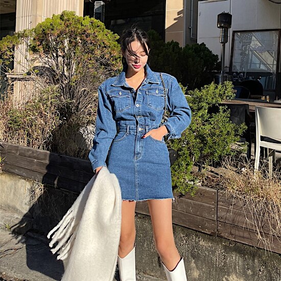 【取寄：納期2週間】ワンピース デニム カッティング ミニ丈 長袖 フロントボタン デニムワンピース レディース
