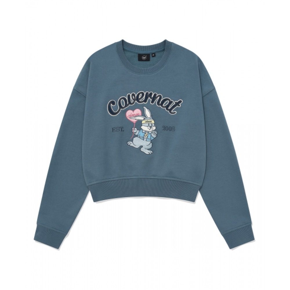 COVERNAT 女性用クロップクローバーニー刺繍スウェットシャツダークブルー