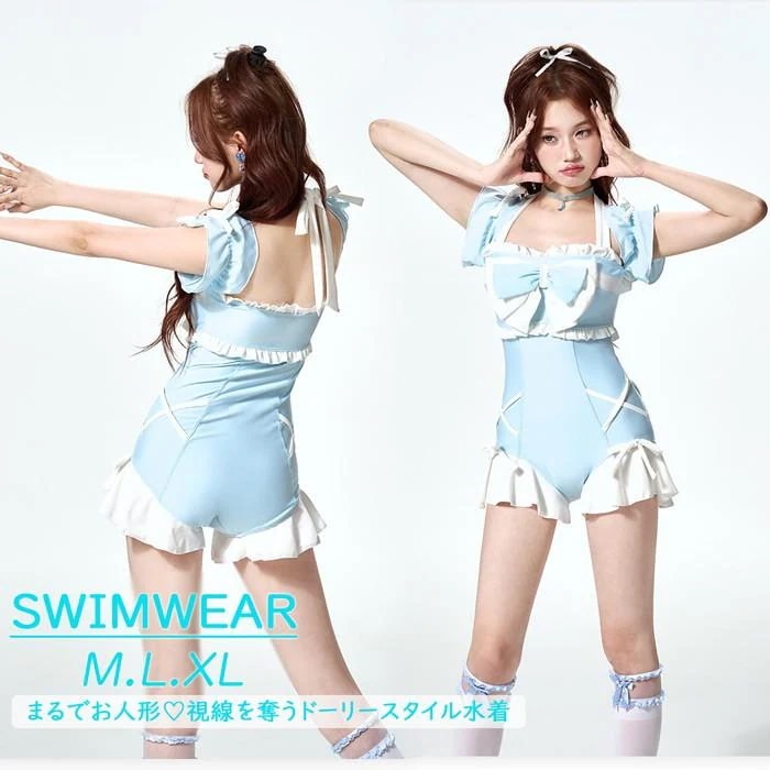 レディース 水着 レオタード水着 パッド付 かわいい リボン 小胸 露出控えめ 青 ブルー 夏 海 ビーチ プール 温泉旅行 M L XL