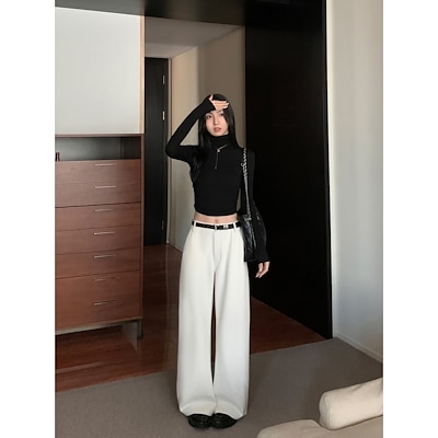 ムルバン白筒カジュアルパンツレディース秋冬ゆったり着痩せワイドパンツモップショートニットロングパンツ