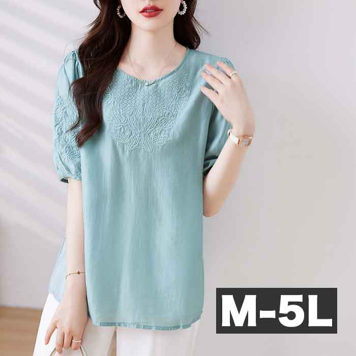 ブラウス チュニック オーバーブラウス 無地 刺繍 シアー 大きい 透け感 大きいサイズ レディース トップス ロングシャツ チュニック シャツ 半袖 パフスリーブ 大人可愛い cpp