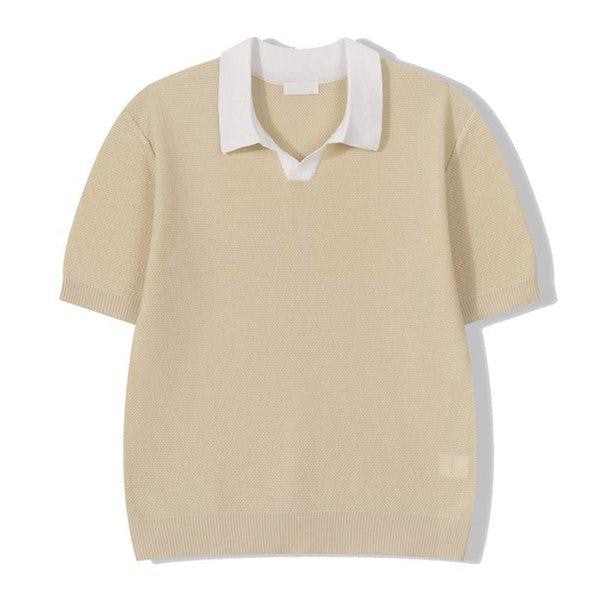 メンズプレミアム配色オープンカラー半袖ニットTシャツ GN-KNH-Q010-グレーベージュ