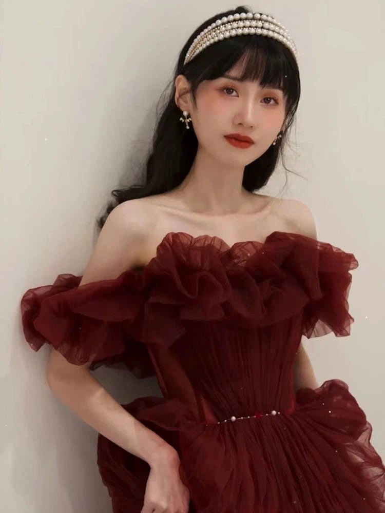 ワンショルダー トーストドレス 逃亡者の王女 宴会司会者 芸術 テスト ワインレッド 妖精のイブニングドレス スカート