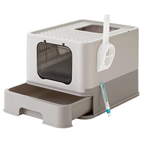 色：オートミール色+ライトグレー FEANDREA 猫トイレ 大型 スコップ付 折畳式 飛散防止 掃