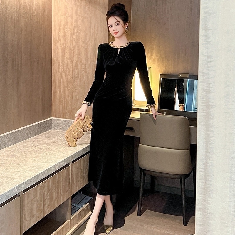 2025春新品 ベルベット ワンピース スリム ダイヤモンド飾り ドレス パーティー キャバ 大人 同窓会 披露宴 卒業式 結婚式 演奏会 ウェディング 二次会 メガ割