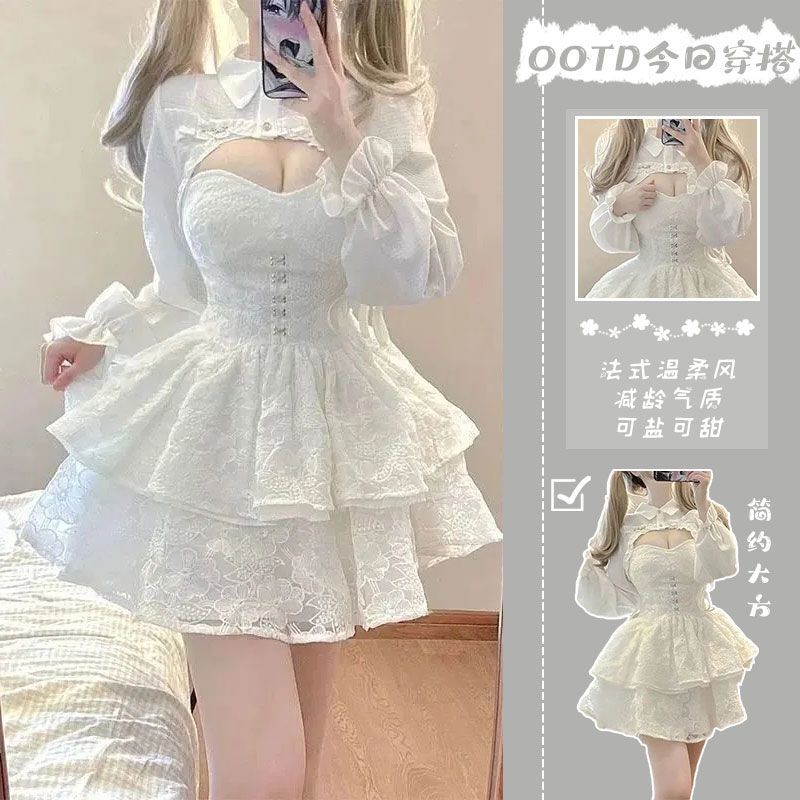 2025年新作店長おすすめ！の新作スーツ富家令嬢バブルスリーブブラウスウエストポンポンキャミソールワンピース2着