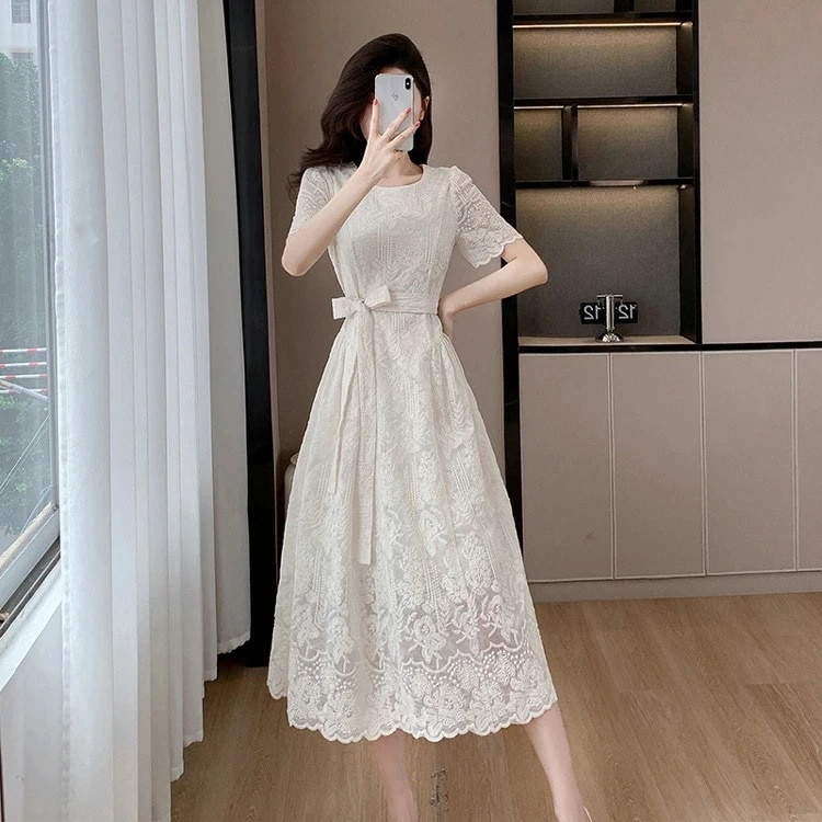 工ガ割-レース ワンピース Aライン ウエストリボン 花柄 刺繍 シースルー シアー パーティードレス クルーネック セクシー 半袖 ロング丈 きれいめ おしゃれ 上品 エレガント 結婚式 レ