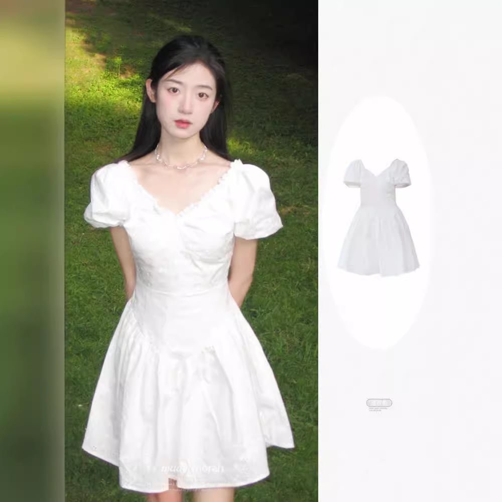 ティーブレークホワイトカラーパフスリーブヘリンボーンウエストドレス夏美人ドレスショートスカート