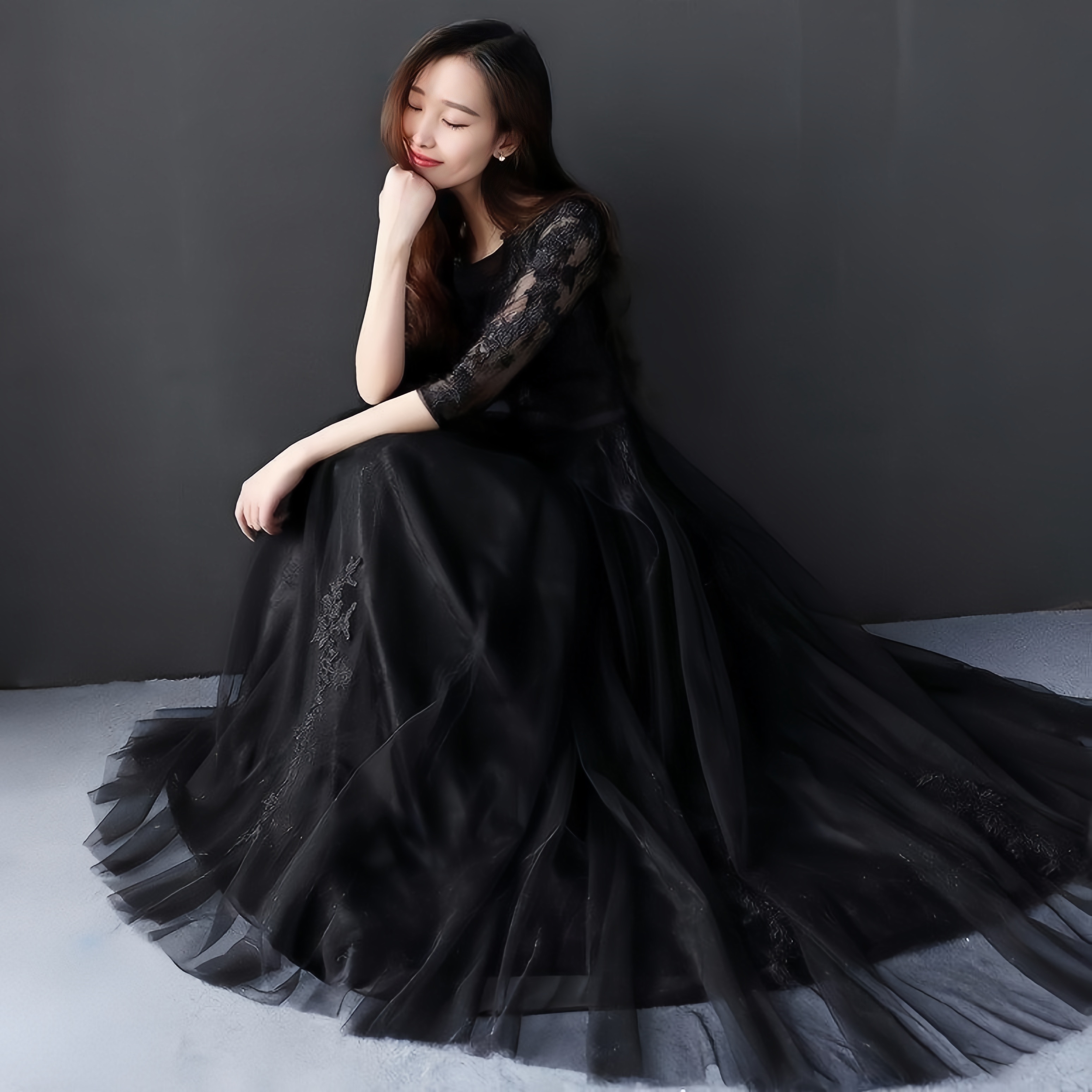 カラードレス 黒 ロング 安い カクテルドレス 演奏会 結婚式 イブニングドレス 二次会 長袖 ウエ