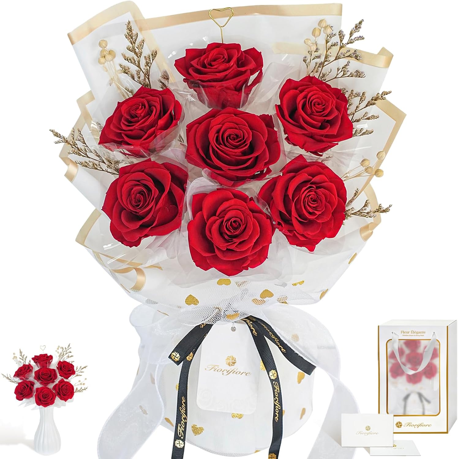 プリザーブドフラワー 薔薇花束 7輪 赤 自立式 ギフトボックス付き 記念日 結婚祝い プロポーズ バレンタインデー