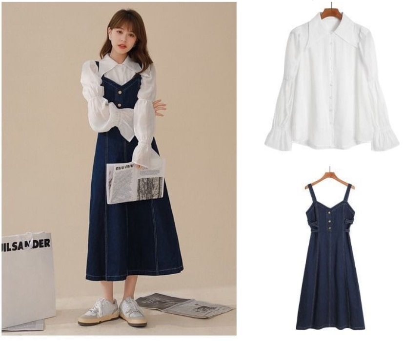 ワンピース ブラウス 襟付き フレア Aライン デニム ツーピース かわいい 大人可愛い きれいめ