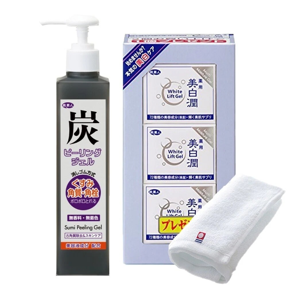 正規販売代理店 定価より10%OFF 炭ピーリングジェル 270g ホワイトリフトゲル 美 白 潤 80g 3個 セット 今治タオル付き 化粧水 ピーリング オールインワン 旅美人