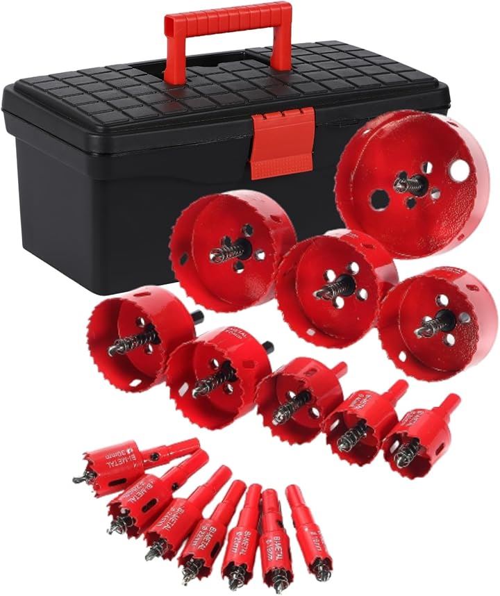 現役大工が推薦 バイメタル ホールソー ホルソー 増量 16本 セット 穴あけ 切削 工具箱 ケース付き(レッド, 16mm～100mm16本セット＆収納BOX)