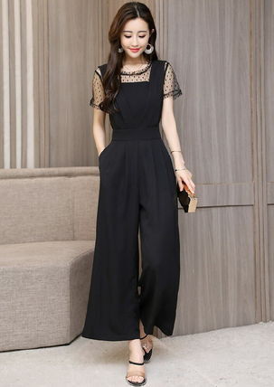 シアー パンツドレス パーティー オールインワン 黒ドット（水玉） Uネック 無地 ロング 半袖 レース 謝恩会 結婚式二次会 シースルー レディース 大人可愛い きれいめ 上品 おしゃれ