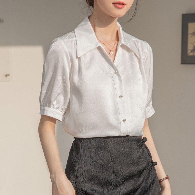 【1つ買うと10つ無料】女性のための白いシャツサテンジャカード夏レトロスタイルvネックショートスリーブ通勤
