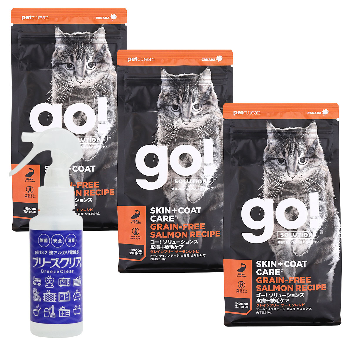 GO! ゴー ソリューションズ キャット 皮膚+被毛ケア サーモン 500g×3袋【ph13.2強アルカリ電解水100ml付き】キャットフード
