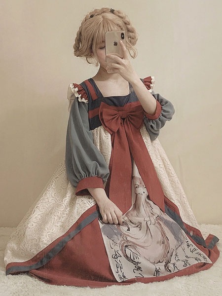 【短納期】中国ロリータOPドレスナインテールフォックスプリントレース長袖ハンロリワンピースドレス