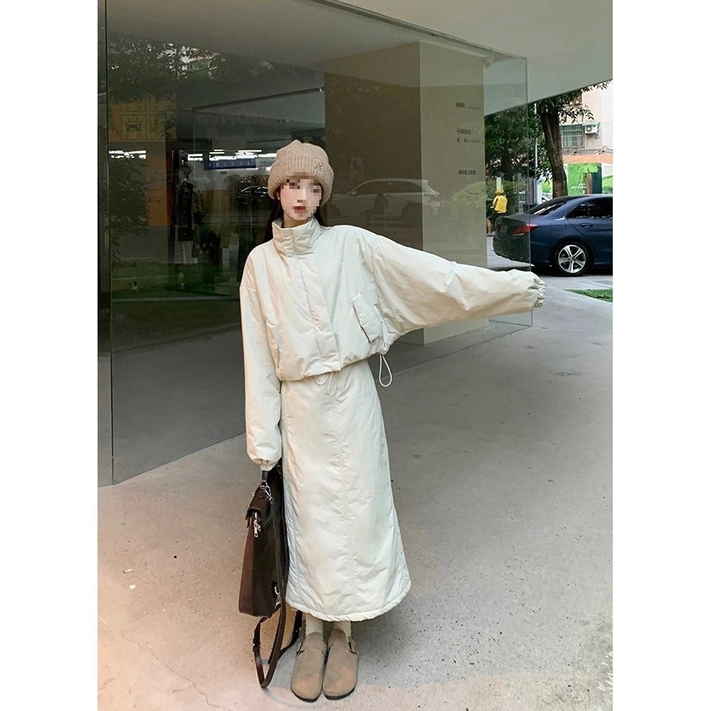 【セット】レディースファッション レディース 2025 冬新作 夾棉加厚保温スタンドカラーワーカーコート ハイウエストミニスカート ファッション 2 点セット