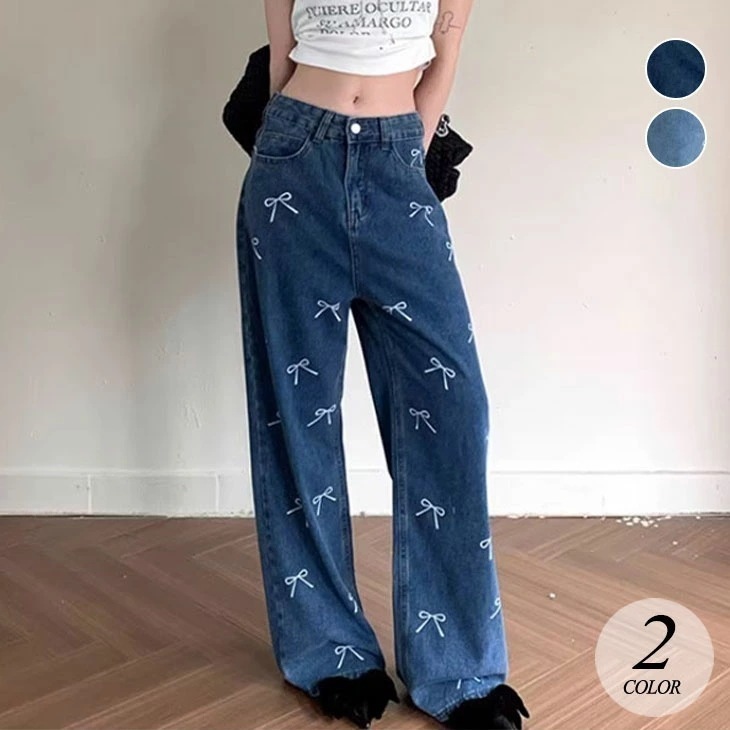 リボンデザイン デニムパンツ レディース ジーンズ デニム パンツ ハイウエスト リボン カジュアル ストレート ストレートジーンズ お洒落 可愛い 春 夏 ブルー 青 韓国ファッション