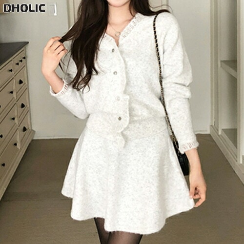 ニットVネックフリルウエストゴムショート長袖セットアップスカートカーディガン・1952108