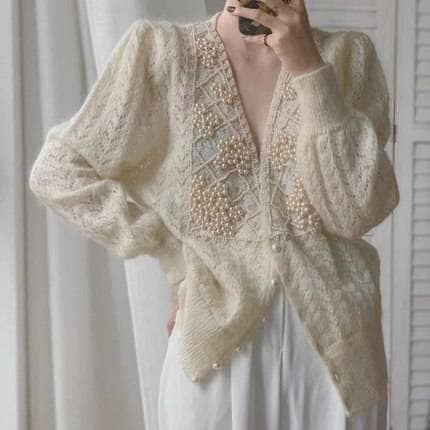 カーディガン トップス アウター 長め丈 長袖 Vネック ルーズ 刺繍 透かし編み ニット パール 大人可愛い きれいめ 大人 上品 大人女子 ラブリー キュート ガーリー フェミニン レディーライク