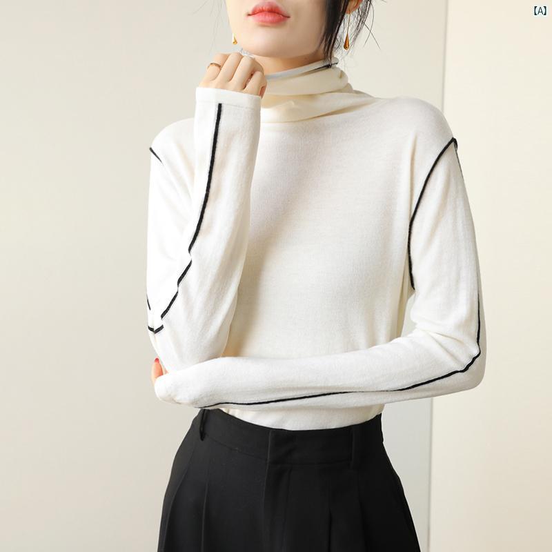 レディース ファッション　レディース　カジュアル　上品　綺麗　外出 パイル ライン 薄手 セーター 秋冬 羊 ウール スリム インナー ハイネック ニット シャツ ホワイト
