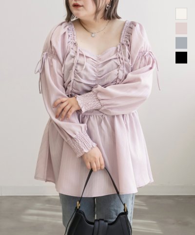 大きいサイズ レディース LL 3L 4L XL XXL XXXL CLETTEオリジナルリボン使いスクエアネックブラウス