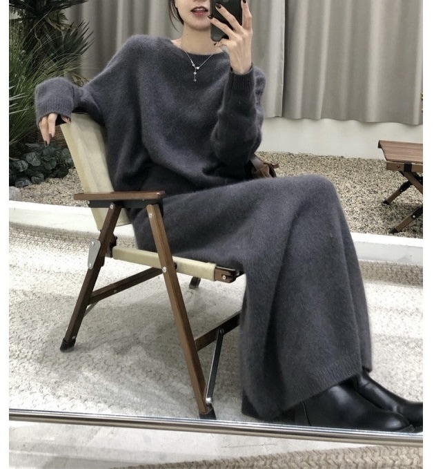 ハイエンドのカスタマイズ-韓国スタイルのファッショナブルな怠惰なグレーのセータースーツ女性のための秋と冬の新しい気質スリムスカートニット 2 点セット