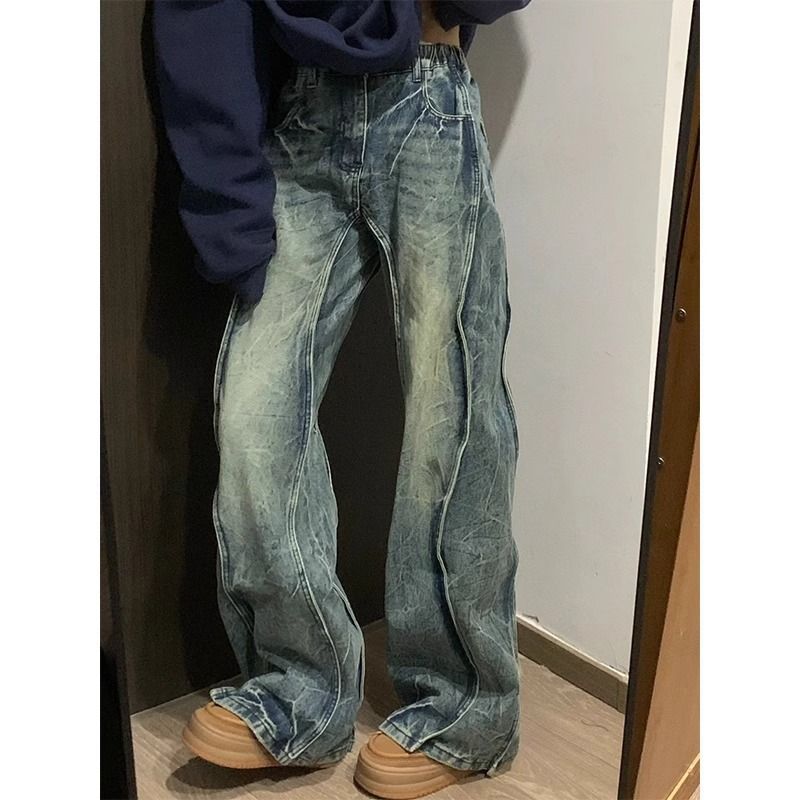 アメリカのデコンストラクトステッチレトロジーンズメンズヨーロピアンストリートパンツデザインセンスややフレアストレートパンツ