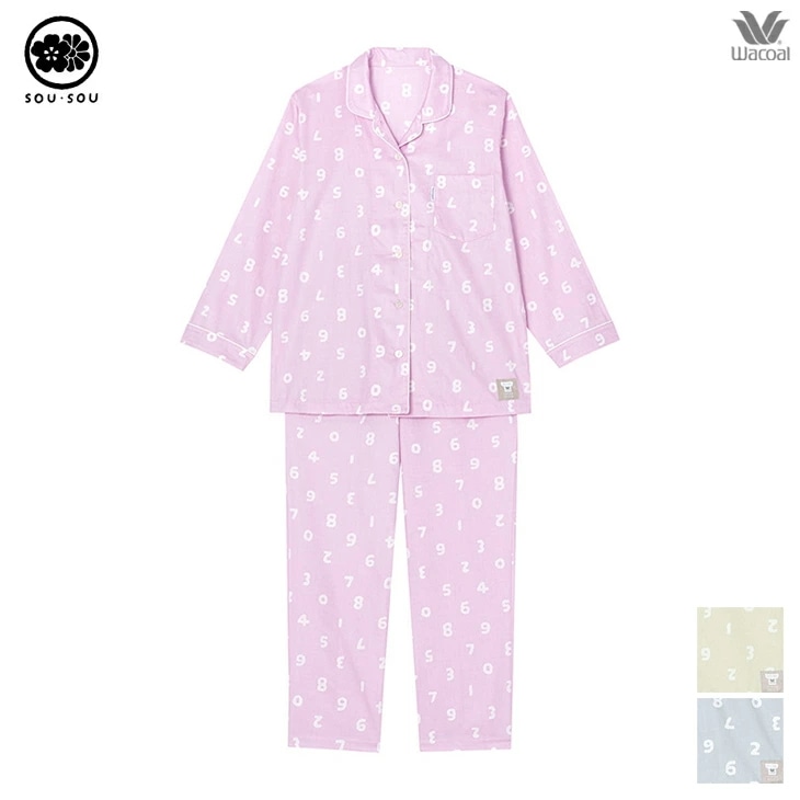ワコール 睡眠科学 wacoal SOU・SOU ソウソウ レディース ルームウェア パジャマ 長袖長ズボン 綿100% 日本製 国産 YDX636 部屋着 綿100% サテン生地 ナイトウェアパジャマ