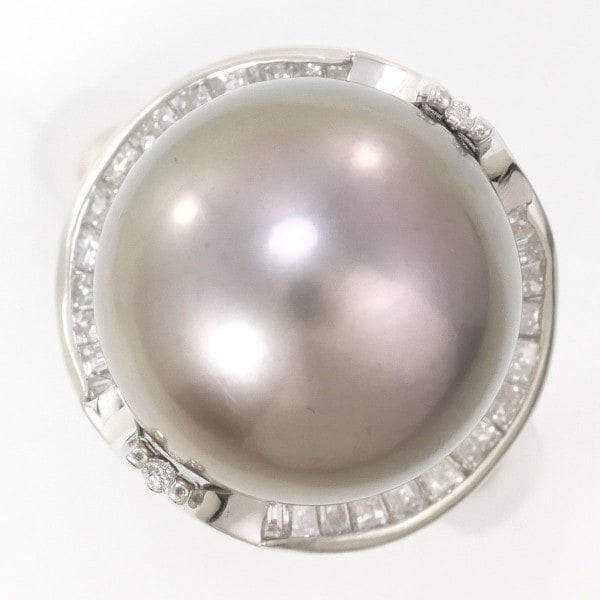 PT900 プラチナ リング 16号 黒蝶真珠 約14mm ダイヤ 0.85 カード鑑別書 中古