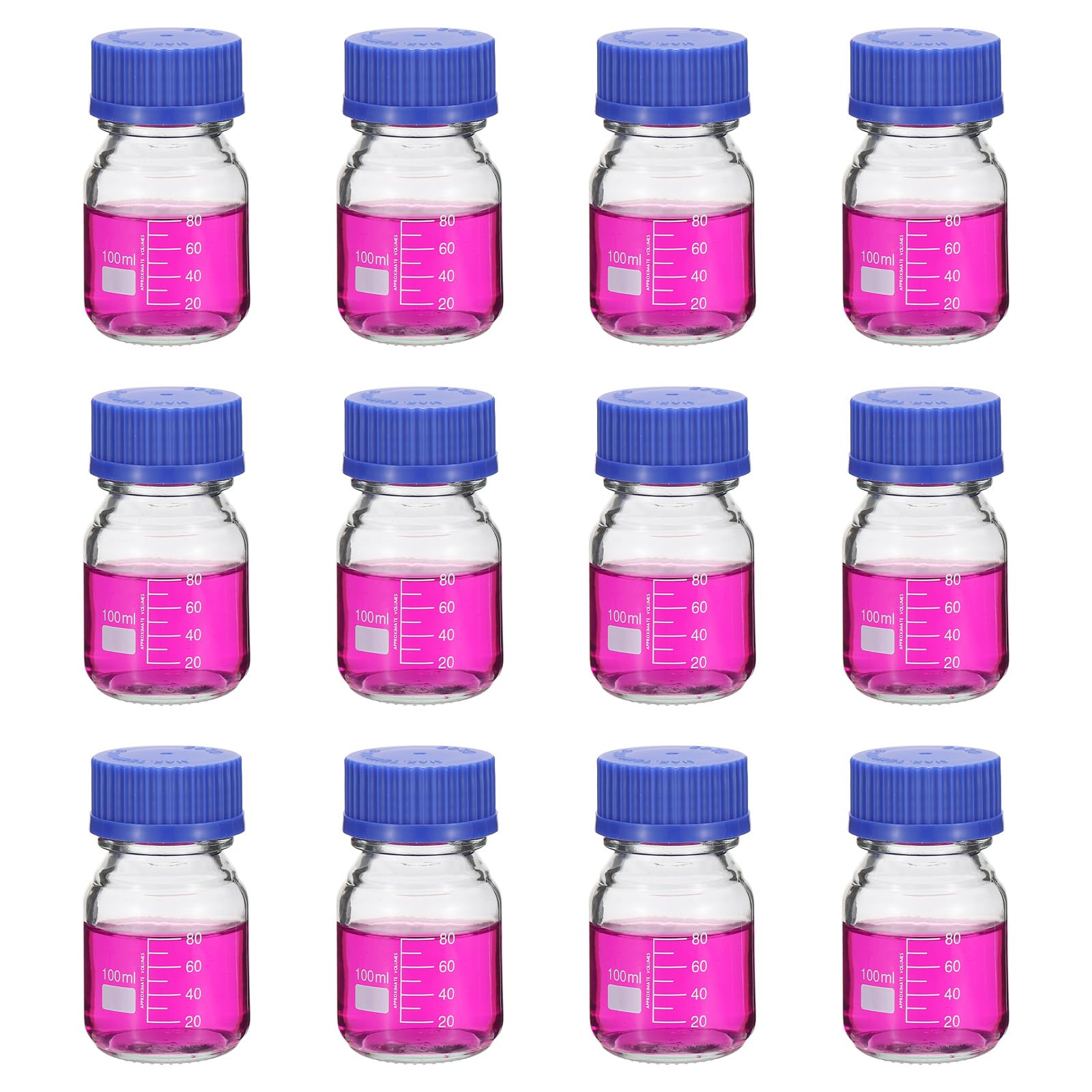 PATIKIL 12個セット 試薬 メディア 保存用ボトル 100ml ホウケイ酸ガラス 目盛付き 丸型ボトル GL32 ブルー スクリューキャップ 付き 透明