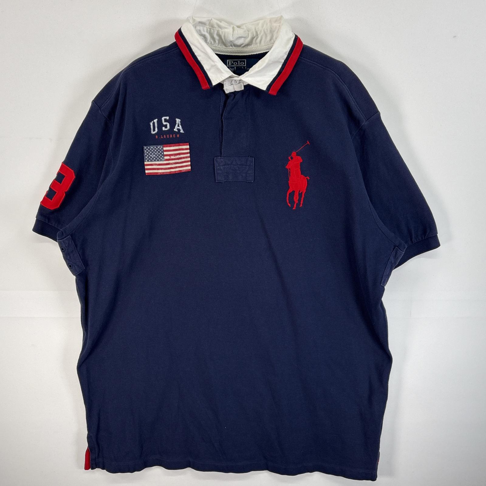 古着 90s/90年代 ポロバイラルフローレン Polo by Ralph Lauren 鹿の子 半袖 ラガーシャツ ビッグポニー ブランドロゴ ラバーボタン XL ネイビー 無地 メンズ
