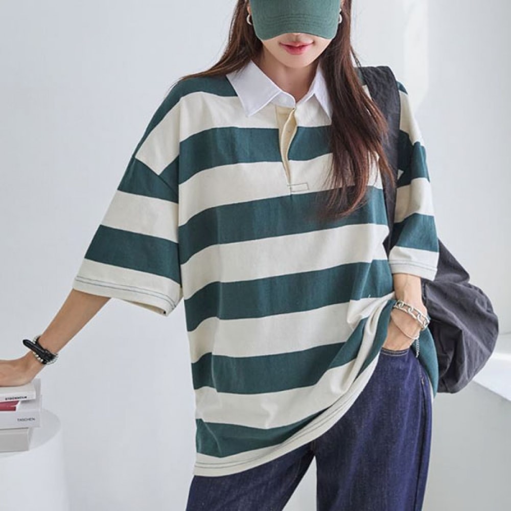 [ナーク21] (55~100) カラーネックストライプTシャツDM52-T-16