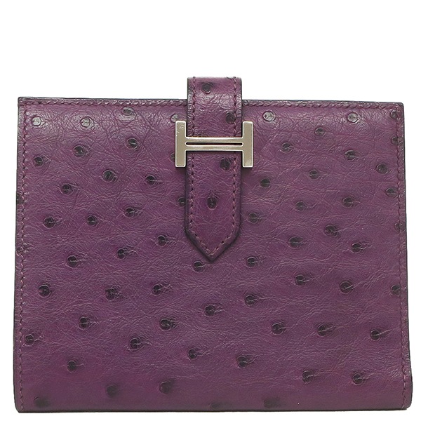 エルメス HERMES 二つ折り財布 ベアンコンパクト オーストリッチ アメジスト シルバー金具 紫 C刻印 【箱】【中古】
