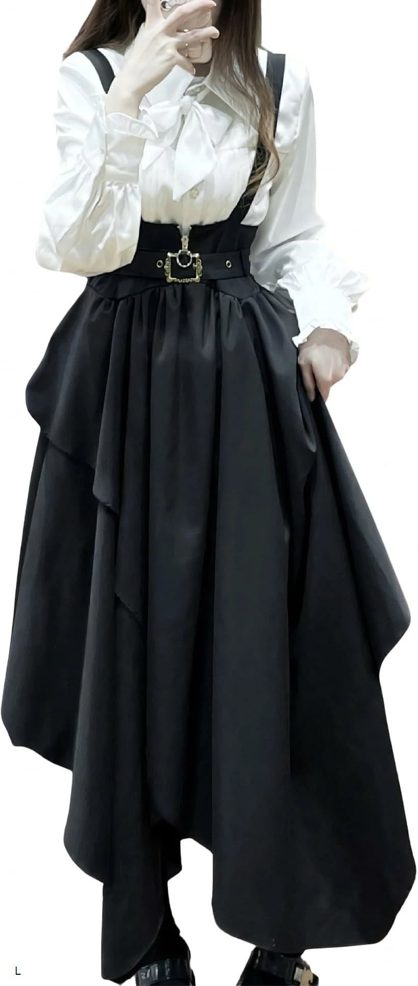 レディレイジー ゴスロリ 長袖 ブラウス スカート 2点セット コスプレ クラロリ 軍服ロリ 撮影 衣装 女装 アシメ ロング 黒 ブラック(ブラック L)