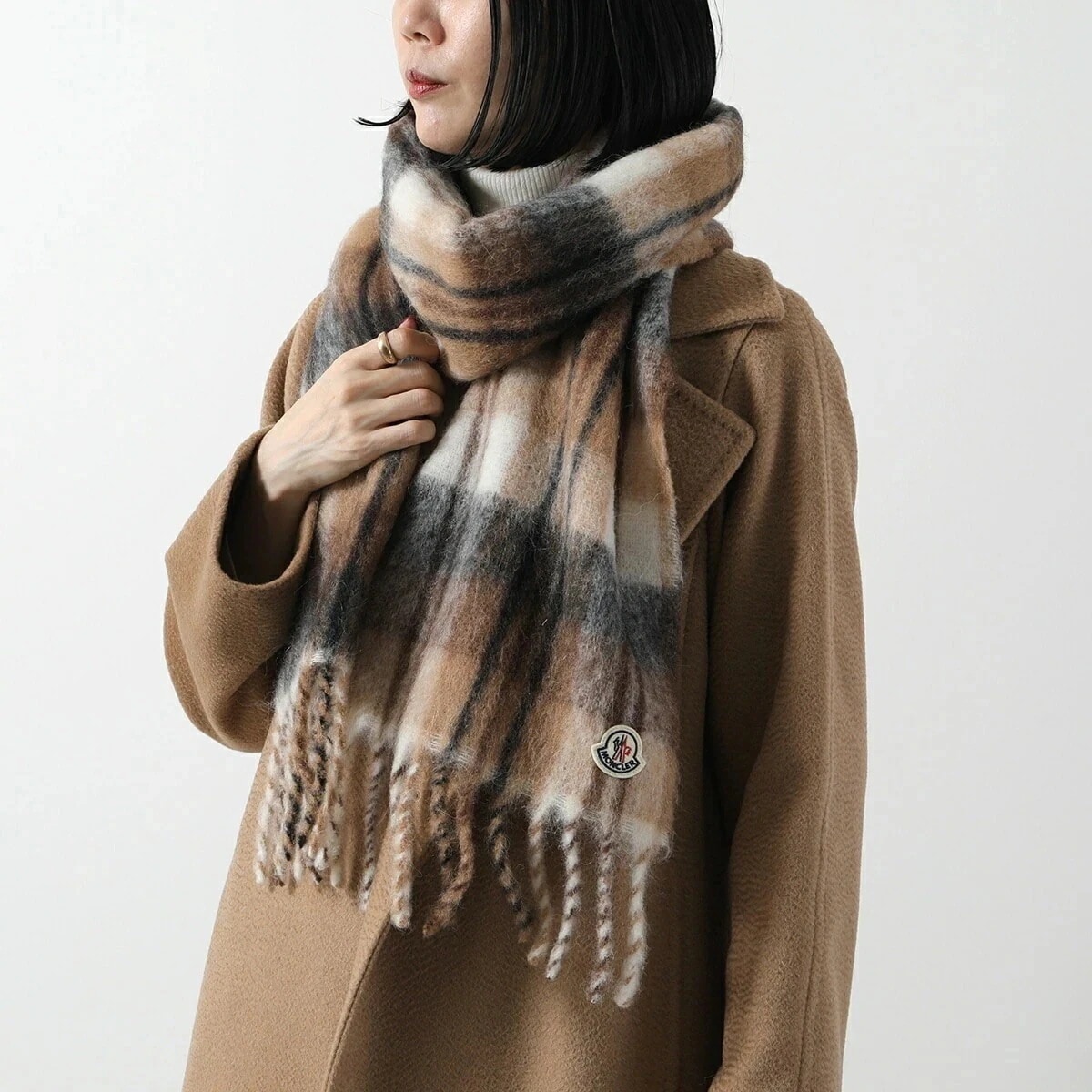 MONCLER モンクレール マフラー 3C00010 0U410 レディース フリンジ モヘヤ アルパカ チェック柄 アイコンパッチ ストール F22